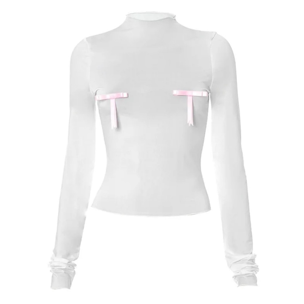 White long sleeve top with pink bow detail NEW